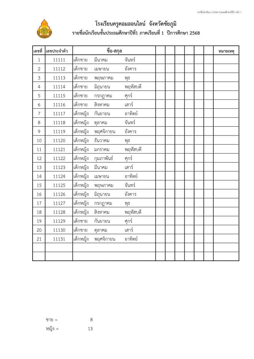ไฟล์รายชื่อนักเรียน excel 2568 แก้ไขได้ by krusoncom