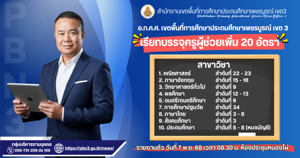 สพป.เพชรบูรณ์ เขต3 เรียกบรรจุครูผู้ช่วย 19 อัตรา